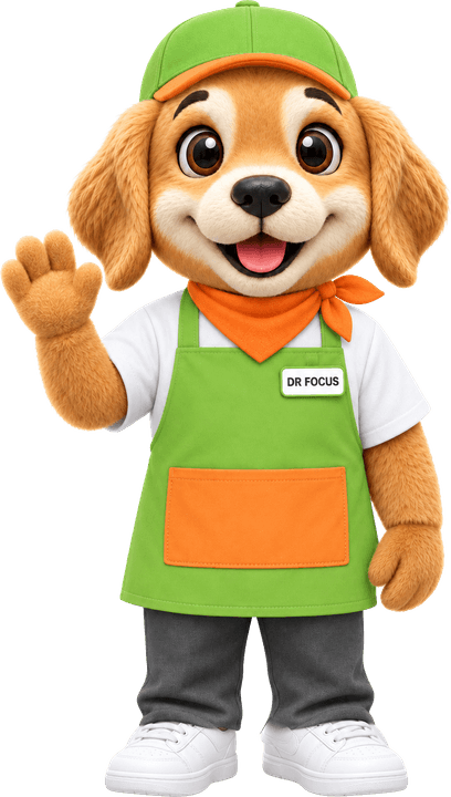 Dr. Focus, the VFC Pet Corner mascot, waving hello in his green shop apron